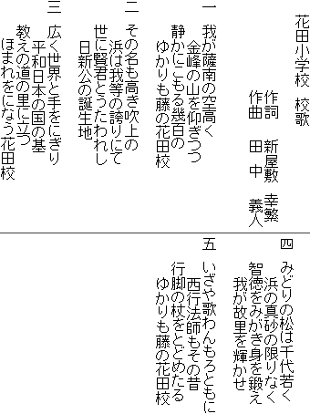 　　花田小学校　校歌



　　　　　　　　　作詞　　新屋敷　幸繁

　　　　　　　　　作曲　　田　中　　義人　



一　我が薩南の空高く            

　　　　金峰の山を仰ぎつつ

　　 静かにこもる幾百の

　　　　ゆかりも藤の花田校

　

二　その名も高き吹上の

　　　　浜は我等の誇りにて

　　 世に賢君とうたわれし

　　　　日新公の誕生地

　

三　広く世界と手をにぎり

　　　　平和日本の国の基

　　 教えの道の里に立つ

　　    ほまれをになう花田校



四　みどりの松は千代若く

　　　　浜の真砂の限りなく

　　 智徳をみがき身を鍛え

　　　　我が故里を輝かせ



五　いざや歌わんもろともに

　　　　西行法師もその昔

　　 行脚の杖をとどめたる

　　　　ゆかりも藤の花田校