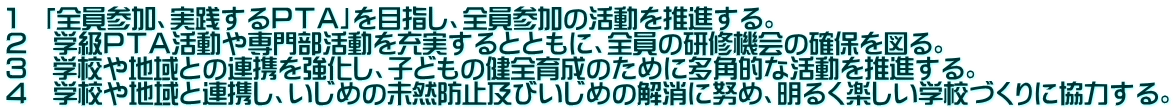 １　「全員参加、実践するＰＴＡ」を目指し、全員参加の活動を推進する。 ２　学級ＰＴＡ活動や専門部活動を充実するとともに、全員の研修機会の確保を図る。 ３　学校や地域との連携を強化し、子どもの健全育成のために多角的な活動を推進する。 ４　学校や地域と連携し、いじめの未然防止及びいじめの解消に努め、明るく楽しい学校づくりに協力する。